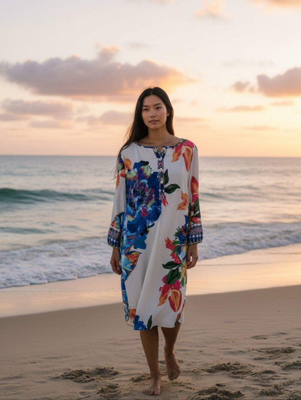 fig and flower White Floral-Print Beach Coverup with Blue and Pink Accents Large